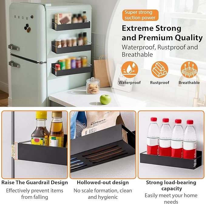 6 Pack Magnetic Spice Rack Organizer for Refrigerator and Oven, Movable Magnetic Hanging Kitchen Spice Rack with 6 Hooks, Black
