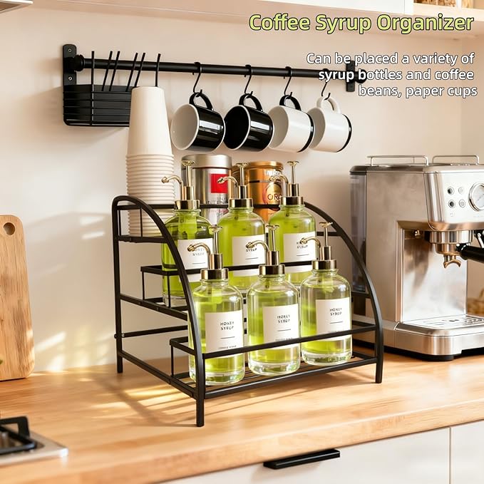 Coffee Syrup Organizer Rack, 9-12 Bottles Syrup Stand Holder for Countertop, 3 Tier Metal Small Wine Rack, Bottle Storage Shelves for Coffee Bar Station, Kitchen, Spice, Soda, Dressing