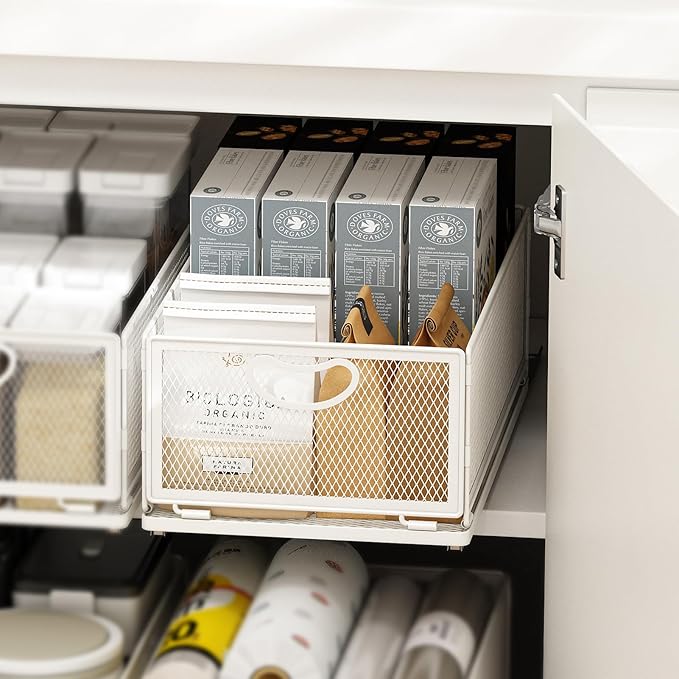 Pull Out Cabinet Organizer,Metal Carbon Steel and Silent sliding Design,Heavy Duty Cabinet Slide Out Shelves for Storing and Organizing Bathrooms, Kitchens, Bedroom 15.7" D*9.6" W*6.1" H