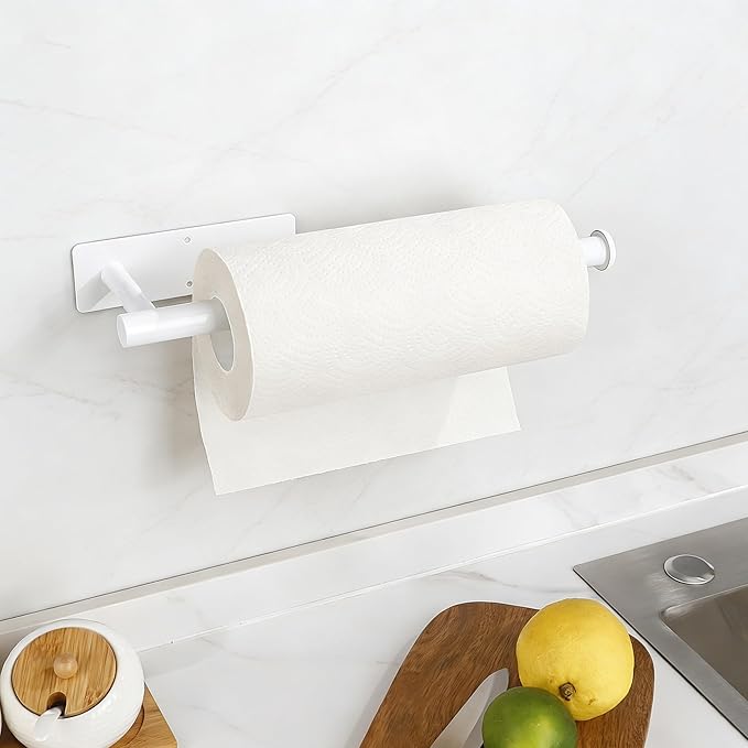White Paper Towel Holder, Self Adhesive Paper Towel Roll Holder Under Cabinet, Stainless Steel Wall Mount Towel Paper Holder for Kitchen, Bathroom, RV