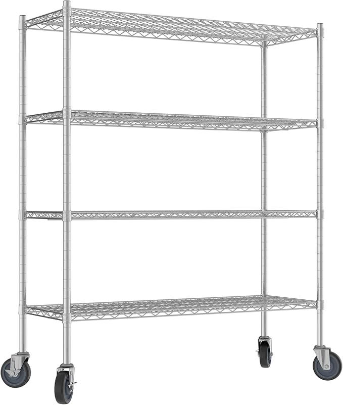 Commercial NSF Listed Chrome Mobile Wire Shelving Kit 18" x 48" x 60", with 4 Shelves Perfect for Warehouse, Walk-in Refrigerator, Freezer, Grocery Store, Restaurant, Dishroom