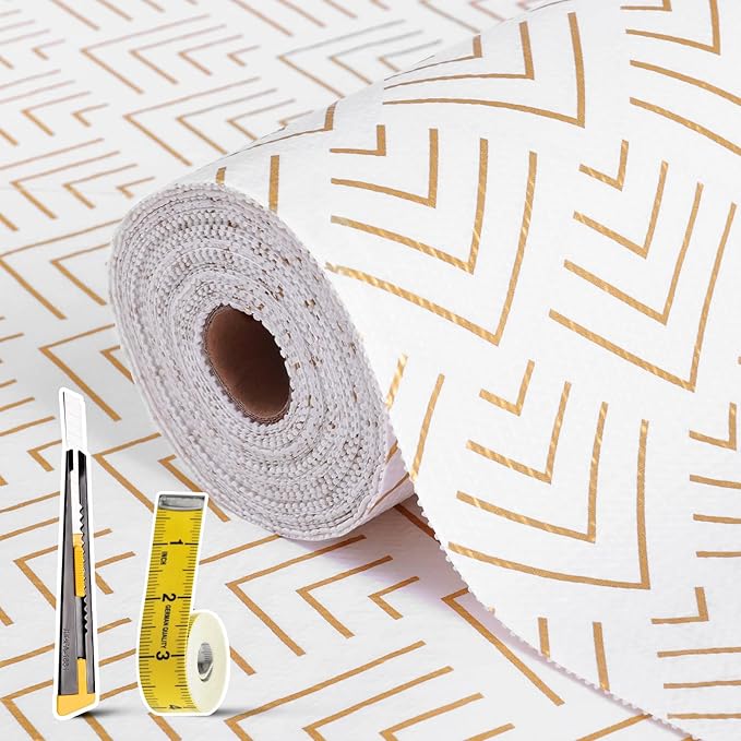Shelf Liner for Kitchen Cabinets 11.8 x 236.2IN Non Adhesive Drawer Liner Non-Slip Thickened Shelf Liner Paper Strong Easy to Clean for Tool Box Refrigerator with Knife and Tape Measure, Gold Arrow