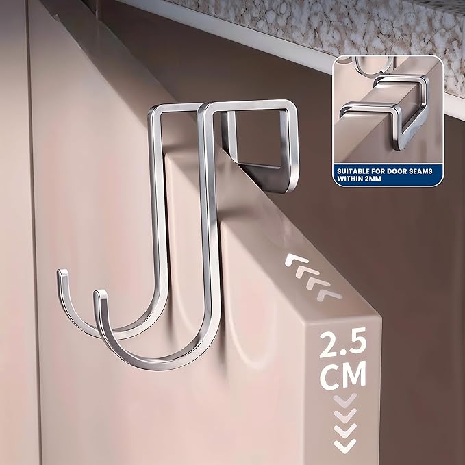 6 Pack - Over the Cabinet Door Hooks | Stainless Steel Cabinet Hooks for Hanging Mugs, Cups, Utensils | Cupboard Door Organizer & Under Sink Door Organizer Kitchen Storage Cabinet, Kitchen Accessories