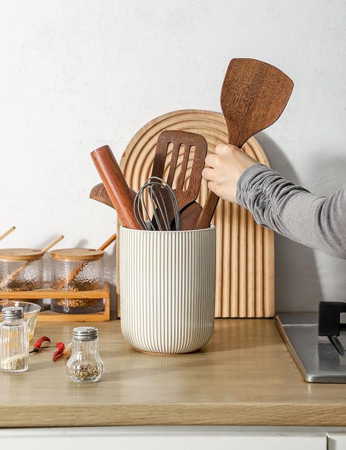Ceramic Utensil Holder with Cork Mat for Countertop, Utensil Crocks, Kitchen Tool Holder, Cooking Utensil Holder Organizer for Spatula, White