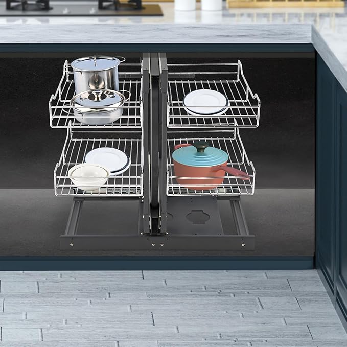 Bepritm Corner Pull Out Organizer, 2 Tier Kitchen Cabinet Organizer Left/Right Pull-Out with 4 Adjustable Baskets, Chrome Carbon Steel Slide Out Storage Organizers (Style B)