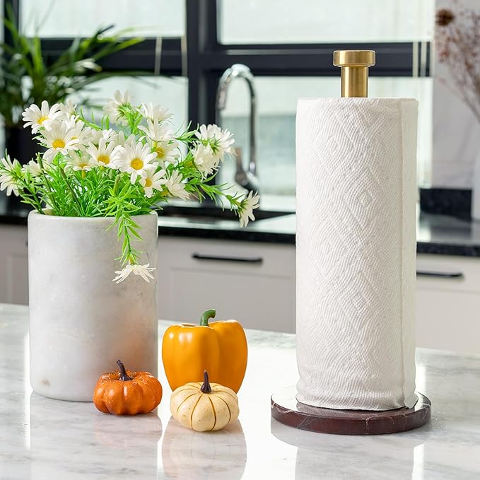 Koville Paper Towel Holder Countertop, Standing Paper Roll Holder with 6" Weighted Marble Base, Stone Paper Towel Holder with Gold Stainless Steel Rod for Kitchen Bathroom (Red)