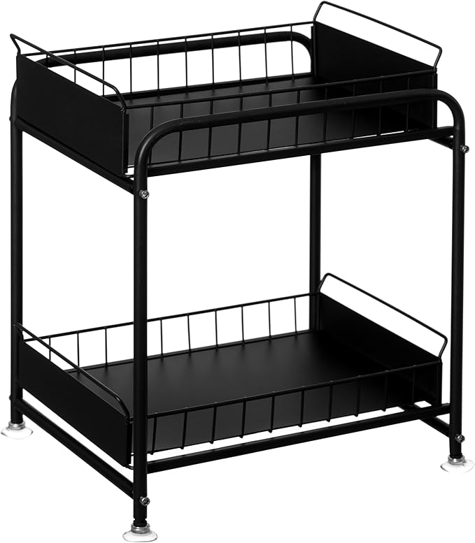 Basicwise Under Sink Organizer Sliding Wire Baskets Adjustable 2-Tier Metal Storage Rack for Bathroom Kitchen or Utility Cabinets Pull-Out Shelf for Cleaning Supplies & Pantry Essentials, Set of 2