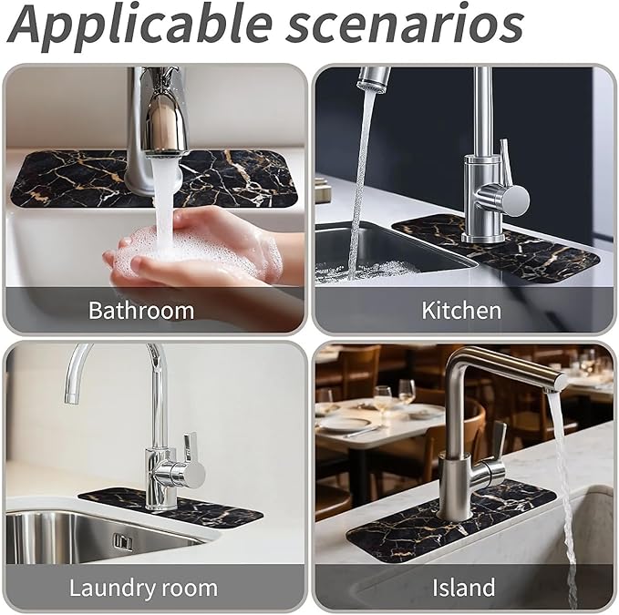 Kitchen Sink Splash Guard，Black marble with yellow and white Faucet Mat Sink Gadgets-Super Absorbent Fast Drying Mat Drip Catcher for Kitchen, Bathroom,Sink Mat, Dish Drying Mat, Bathroom(15" X 5.5" )