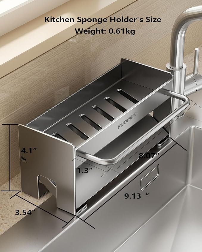 Kitchen Sink Organizer Sponge Holder:Sink Caddy with Dishrag Holder,Rustproof Carbon Steel with Auto-Drain,Dish Sponge & Soap Dispenser Towel Rack for Kitchen Countertop Storage, Grey