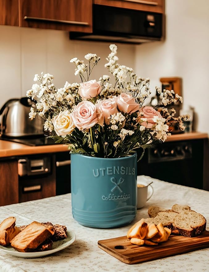 AISBUGUR Large Ceramic Utensil Holder 7.5" H×6.3" W with Slanted Mouth - Utensil Crock with Non-Slip Cork Base for Kitchen Counter, Ideal for Decor & Gift,Blue