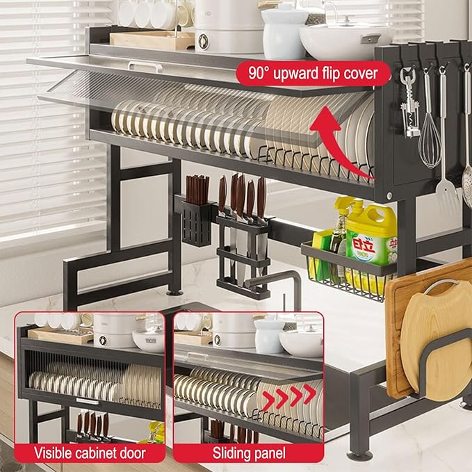 Over Sink Dish Drying Rack 2 Tier Stainless Steel Dish Drainer with Cover and Utensil Holders Large Capacity Space Saving Kitchen Organizer