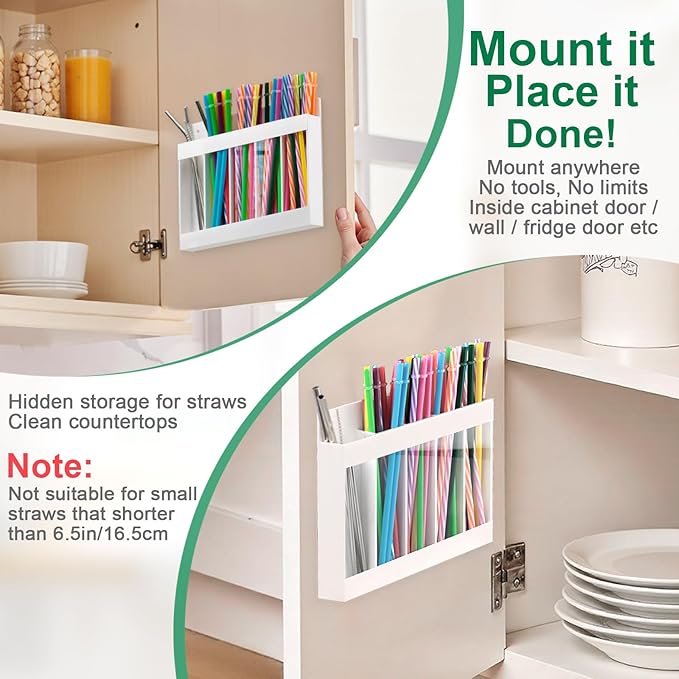 Straw Holder for Cabinet Door, Adhesive & Magnetic Straw Organizer with Clear Front, Slim Cabinet Straws Storage for Kitchen Pantry Cupboard Tumbler Accessories Inside Cabinetdoor Straws Dispenser