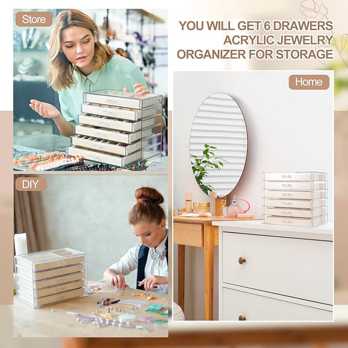 6 Drawer Clear Acrylic Jewelry Organizer with Velvet Lined Trays, Jewelry Box with Drawers for Earrings, Rings, Necklaces, Brooch, Bracelets, Watches, Stackable Storage Organizer for Women, Gift Ready