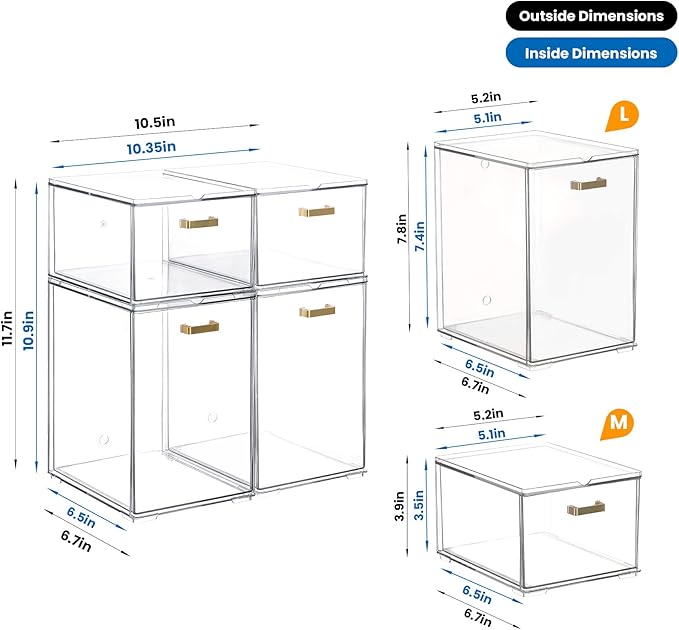 Clear Stackable Drawer Organizer, 4 Pack Acrylic Storage Drawers with Pull-Out Design, Space-Saving Organizer for Bathroom, Vanity, Kitchen & Office