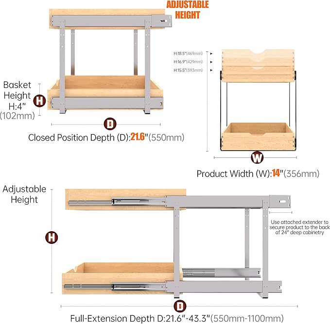 2-Tier Wood Cabinet Pull Out Shelves (14" W x 22" D), Wooden Slide Out Drawers for Kitchen Cabinets, Heavy-Duty Roll Out Pantry Organizer