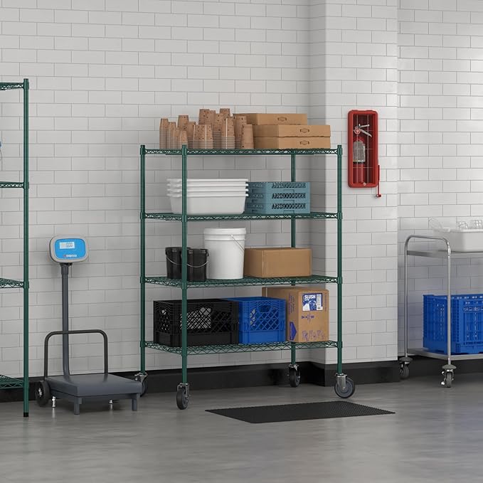 Commercial NSF Listed Green Epoxy Mobile Wire Shelving Kit 24" x 42" x 60", with 4 Shelves Perfect for Warehouse, Walk-in Refrigerator, Freezer, Grocery Store, Restaurant, Dishroom
