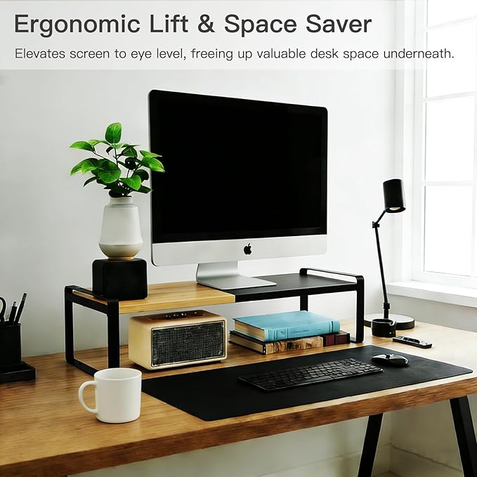 Countertop Spice Rack & Cabinet Shelf Organizer, Metal Desk Shelf Riser for Office, Industrial Black Desktop Stand for Computer Monitor, Printer & Keyboard Storage (Black)