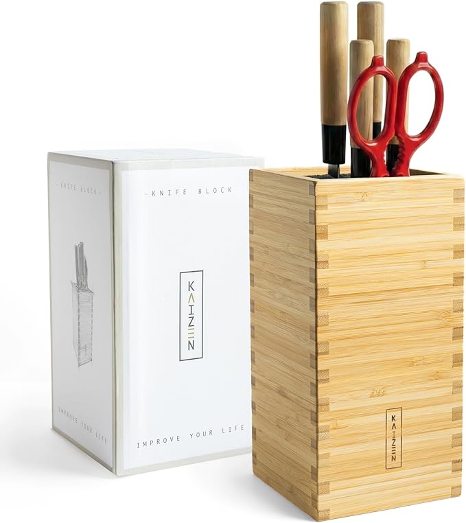 KAIZEN Bamboo Knife Block Without Knives - Perfectly Sized Universal Knife Holder for Knives, Scissors - Unique Knife Storage for Counter Top with Anti-Slip Base (Natural)