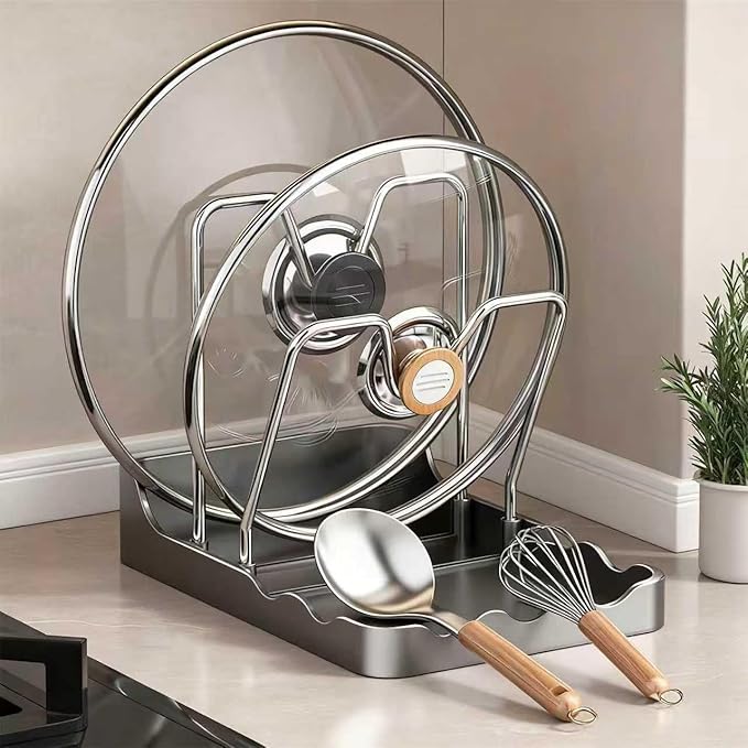 Kitchen Pot Lid Storage Rack - Pot Lid Organizer, Multifunctional Pot Lid Holder While Cooking, Rust-Resistant Carbon Steel, For Cutting Boards, Spoons, Utensils (Black-B, Double Layer)