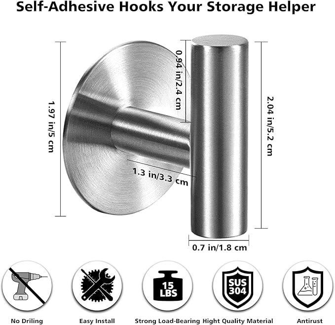 Adhesive Hooks Heavy Duty Wall Hooks Stainless Steel Waterproof Shower Hooks, Adhesive Holders Coat Robe Hooks for Hanging, Wall Mounted Towel Hooks for Bathroom Kitchen - 4 Pack