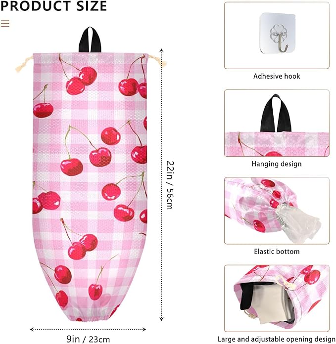 Plastic Bag Holder Wall Mount Grocery Bag Shopping Bag Storage Holder Organizer Dispenser with Adhesive Hook,for Kitchen Bathroom Home Decor 9x22 Inches Pink Juicy Checkered Cherry30