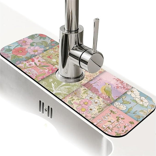 Kitchen Sink Splash Guard，Assembling flowers Faucet Mat Sink Gadgets-Super Absorbent Fast Drying Mat Drip Catcher for Kitchen, Bathroom,Sink Mat, Dish Drying Mat, Bathroom(15" X 5.5" )