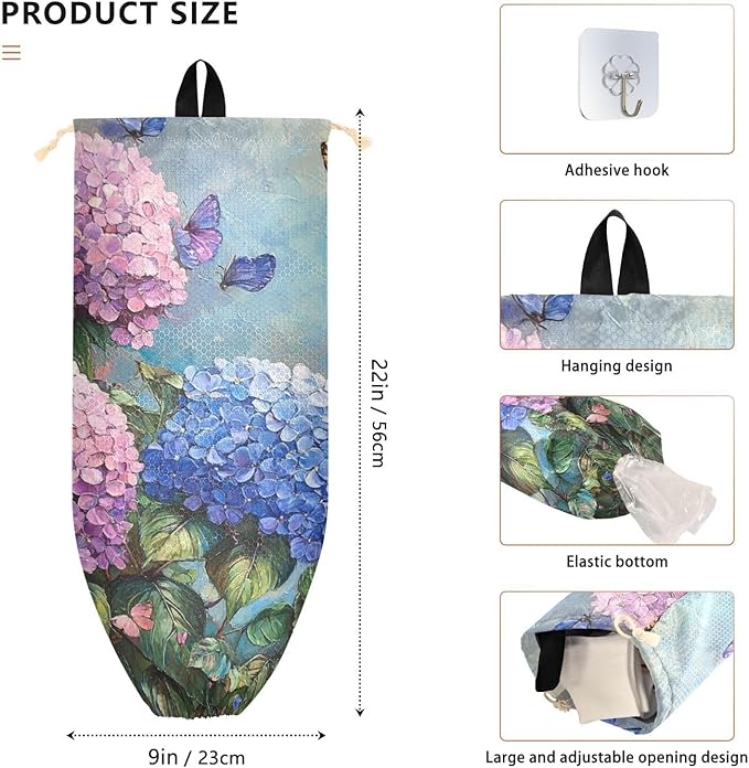 Plastic Bag Holder Wall Mount Grocery Bag Shopping Bag Storage Holder Organizer Dispenser with Adhesive Hook,for Kitchen Bathroom Home Decor 9x22 Inches Hydrangea with Butterfly19