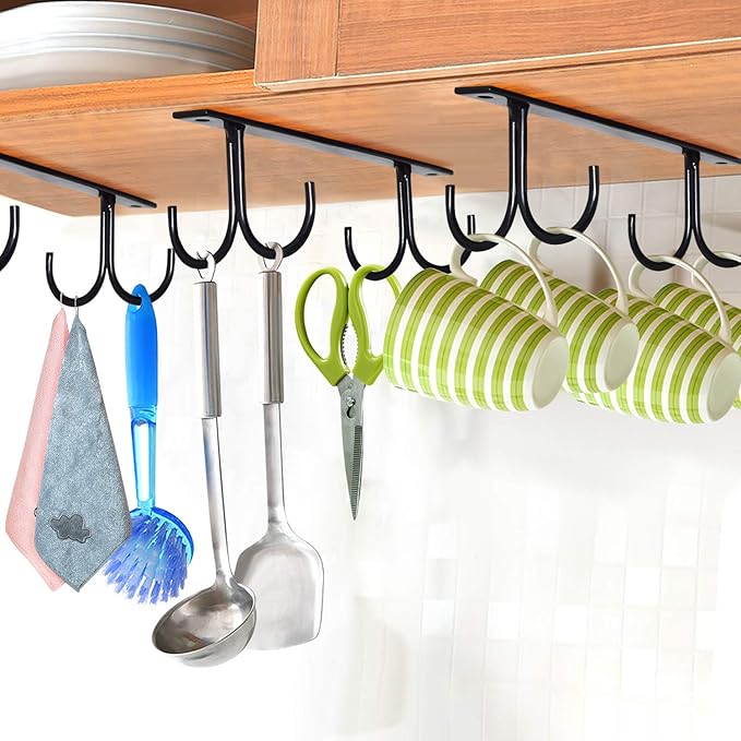 MOCOUM Under Cabinet Mug Rack, Rustic Mug Organizer Rack Cup Holder Under Shelf 12 Hanging Hooks Rack for Mugs, Coffee Cups and Kitchen Utensils Display (Black-3 Pack-12 Hooks)