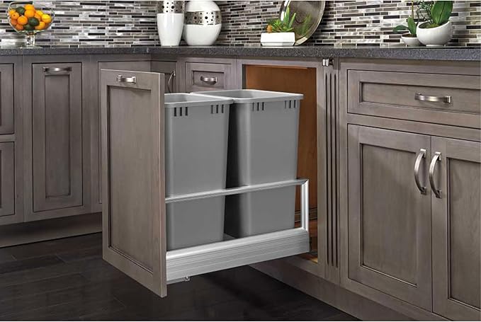 Rev-A-Shelf Double 50 Quart Pull Out Trash Can for Base Kitchen Cabinets, Storage Garage Bin on Wire Basket with Soft Close, Silver, 5149-2150DM-217