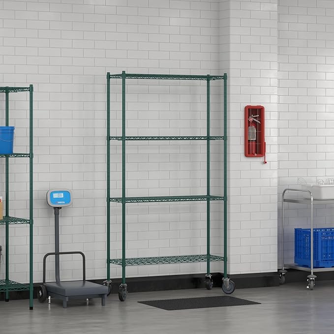 Commercial NSF Listed Green Epoxy Mobile Wire Shelving Kit 14" x 42" x 80", with 4 Shelves Perfect for Warehouse, Walk-in Refrigerator, Freezer, Grocery Store, Restaurant, Dishroom