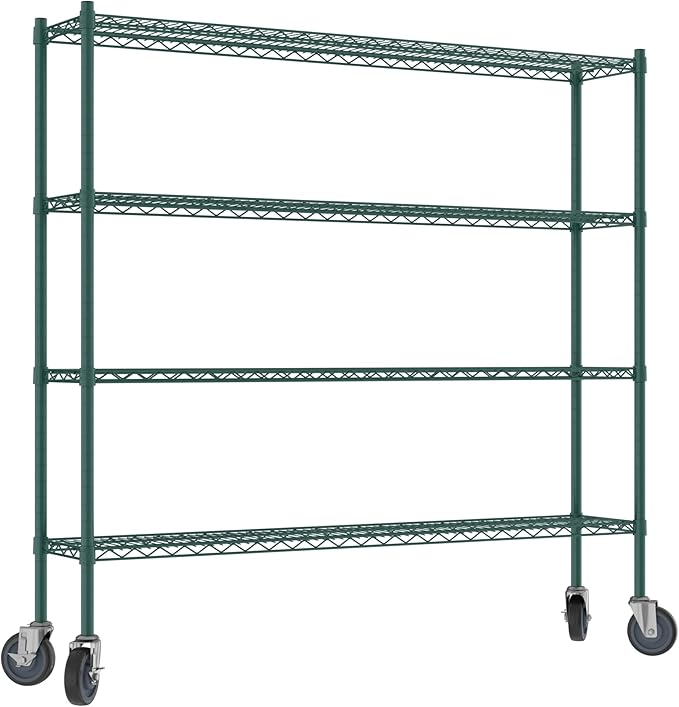 Commercial NSF Listed Green Epoxy Mobile Wire Shelving Kit 12" x 60" x 60", with 4 Shelves Perfect for Warehouse, Walk-in Refrigerator, Freezer, Grocery Store, Restaurant, Dishroom