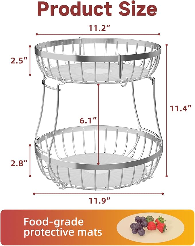 2 Tier Fruit Basket for Kitchen Counter with 2 Banana Hangers, 2025 Pro Detachable Metal Fruit Bowl with Wooden Handle,Fruit Holder for Bread Snack Veggies, Silvery Extra Large