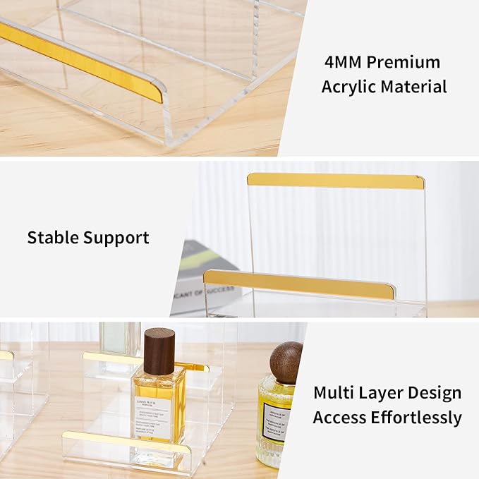 2 Pack 3-Tier Purse Display Stands, Acrylic Wallet Holder Risers Stand, 2-Inch Spacing Clear Clutch Rack Handbag Display Shelf, 4MM Thick Counter Wallet Organizer for Figure Sunglasses Retail Vendor