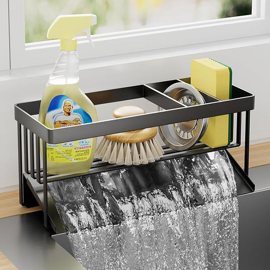 Kitchen Sink Caddy Organzier with Sponge Holder and Removable Drip Tray for Kitchen Sink, 304 Stainless Steel Organize for Sponge Soap Dish Brush Storage Accessories(Black