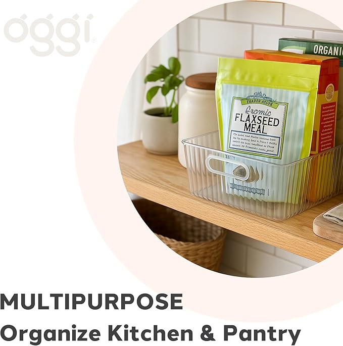 Oggi Clear Fluted Storage Bin with Handle - Durable Plastic Organizer for Fridge, Pantry, Cabinets & Countertop, Modern Farmhouse Style, Ideal for Kitchen Organization and Storage, 11.75" x 8.25"