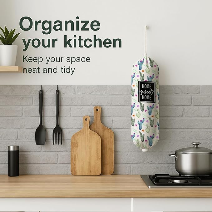 Plastic Bag Holder, Home Sweet Home Plastic Bag Holder for Kitchen Essentials, Reusable Hanging Trash Sack Dispenser, Plastics Bags Storage Container Dispenser, Kitchen Gifts For Women Family Friends