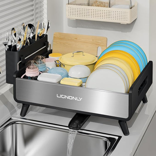 Dish Racks,Extendable Countertop Dish Drying Rack, Dish Drainer & Drainboard Set with Utensil Holder and Cup Holder, Black
