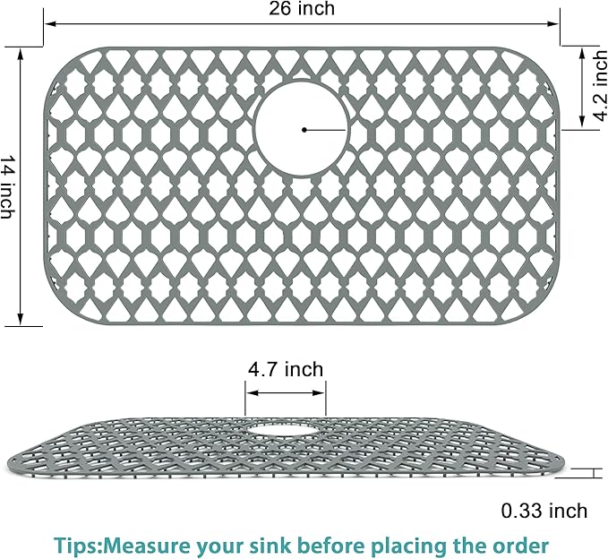 SAMSIER Sink Protectors for Bottom of Kitchen Sink 13x11 &16x12 &19x14 &21x16 &22x13 &24x13 &28x14 &30x16, Large Farmhouse Silicone Mats Grid (26”x14”, Rear Drain)