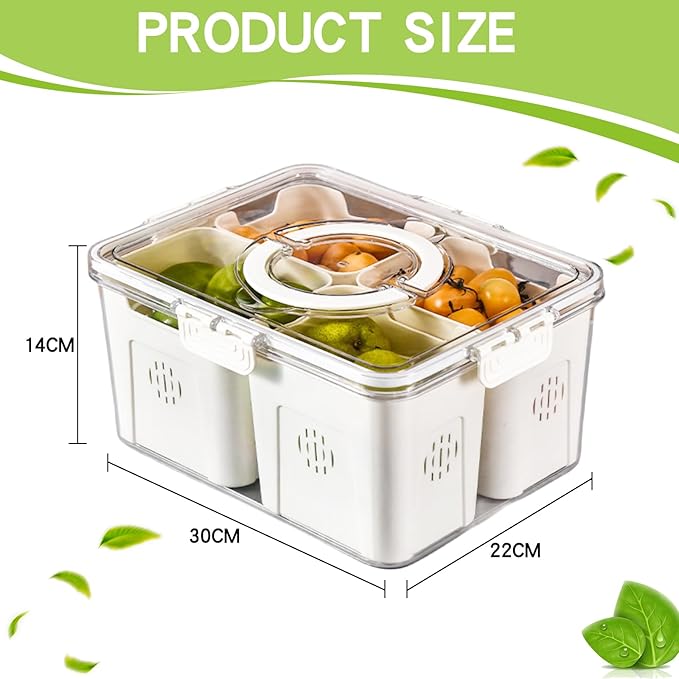 NEWGDN Stackable Refrigerator Organizer Bins with Lids, 4-Compartment Fridge Storage Container with Colanders & Handles, Clear Airtight Food Saver for Fruit, Vegetables & Berries