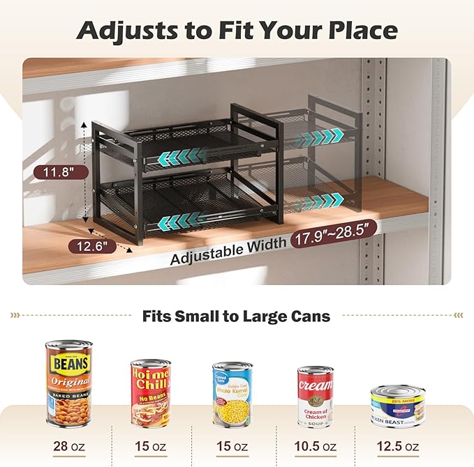 iSPECLE Extendable Can Organizer for Pantry, Adjustable Width Can Storage Organizer for 48 Cans, Heavy Duty Auto Rolling Dispenser Rack, Stackable Metal Shelf Holder for Soup Spices Snacks, Black