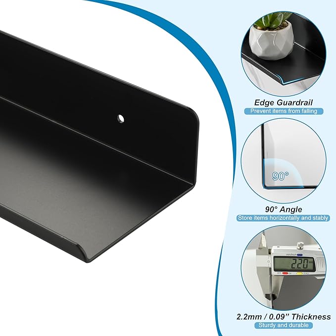 SAYAYO Black Floating Shelves for Wall Storage, 12 Inch Wall Shelves for Bedroom Decor, Display Bathroom Shelf Organizer for Kitchen, Living Room, Office, 2pcs