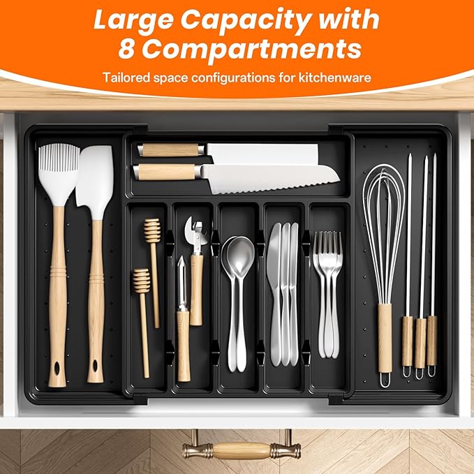 Large Silverware Organizer,Expandable Utensil Drawer Organizer,BPA Free Utensil Holder,Adjustable Silverware Tray Cutlery Drawer Organizer for Kitchen Flatware,Large,Black,2 Pack
