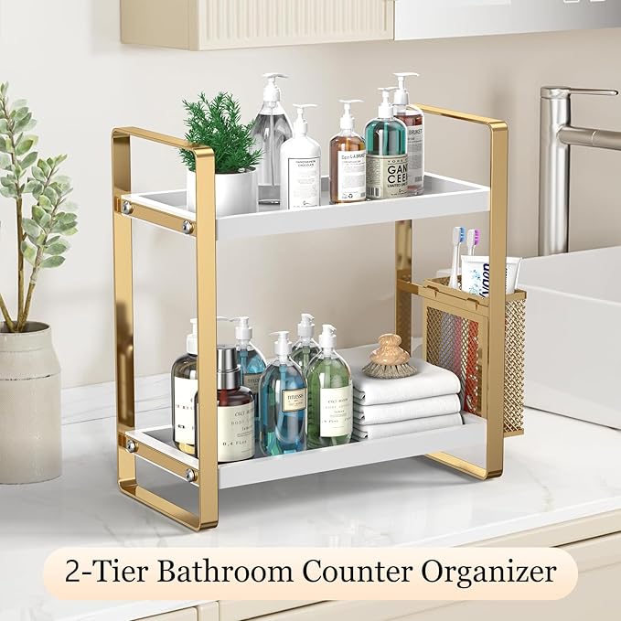 Bathroom Counter Organizer, Wood Vanity Trays with Basket, Skincare Countertop Organizers, Large Capacity Makeup and Perfume Organizer