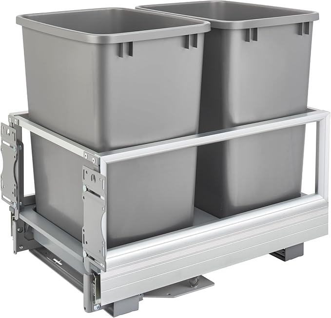 Rev-A-Shelf Double 35 Quart Pull Out Trash Can for Base Kitchen Cabinets, Storage Garage Bin on Wire Basket with Soft Close, Silver, 5149-18DM-217