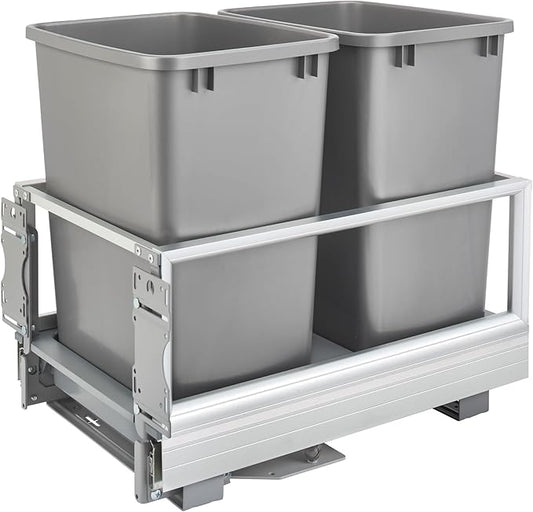 Rev-A-Shelf Double 35 Quart Pull Out Trash Can for Base Kitchen Cabinets, Storage Garage Bin on Wire Basket with Soft Close, Silver, 5149-18DM-217