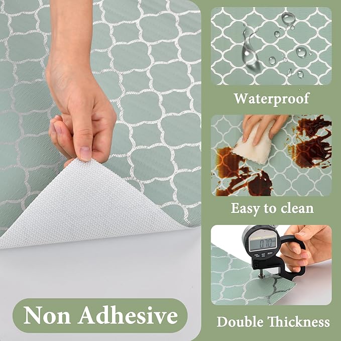 Shelf Liners for Kitchen Cabinets Non Adhesive Drawer Liner 17.5in x 30FT Light Green Quatrefoil Thickened Shelf Liner Strong Non-Slip Easy to Clean Tool Box Refrigerator with Knife and Tape Measure