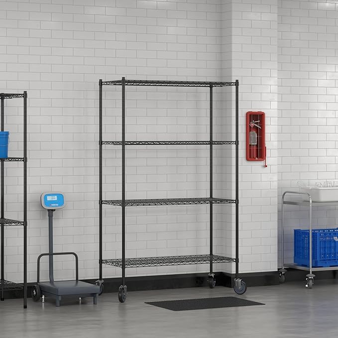 Commercial NSF Listed Black Epoxy Mobile Wire Shelving Kit 21" x 48" x 80", with 4 Shelves Perfect for Warehouse, Walk-in Refrigerator, Freezer, Grocery Store, Restaurant, Dishroom