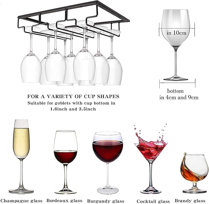 Wine Cup Holder Table Decoration Storage Hanger Metal Organizer for Bar Kitchen Stemware Rack Under Cabinet Stainless Steel Hanger Storage Shelf Black (Black, 3 Rows 2 Packs)