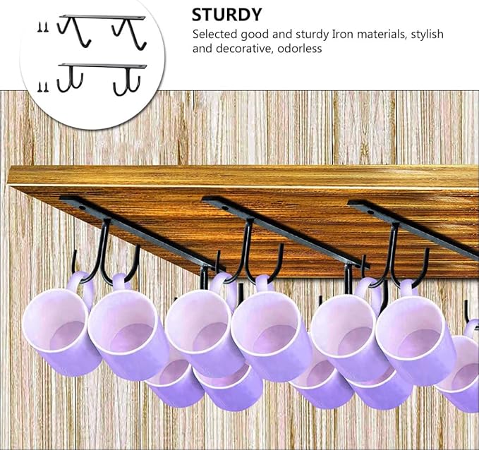 2 Set Under Cabinet Coffee Mug Holder Rack with Hooks Space-Saving Iron Cup Organizer for Kitchen Storage Draining Design for Clean Glass Cup Hanging and Multi-Purpose Use
