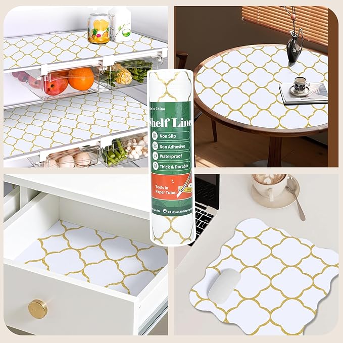 Shelf Liners for Kitchen Cabinets 17in x 20FT Non Adhesive Drawer Liner Gold Quatrefoil Thickened Shelf Liner Paper Strong Non-Slip Easy to Clean for Tool Box Refrigerator with Knife and Tape Measure